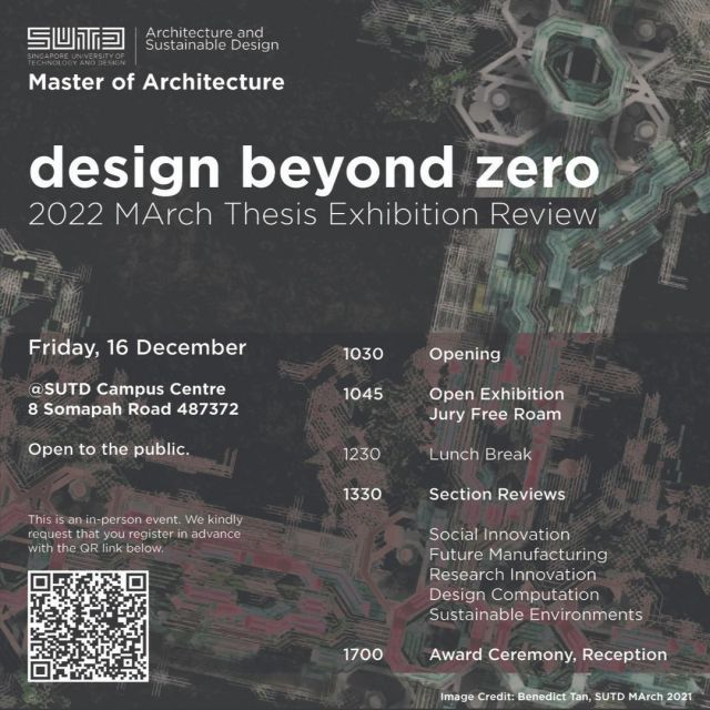 Join us as SUTD Master of Architecture (M.Arch) programme celebrates its 7th Thesis Exhibition Review and see how our students address the urgent challenges of zero carbon and zero waste architecture. 
https://asd.sutd.edu.sg/gradshow/march/
#sutdasd #architecture #sutd #finalreview