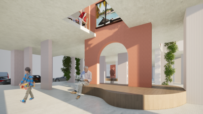 Render of void deck space looking up to an activity space on level 2